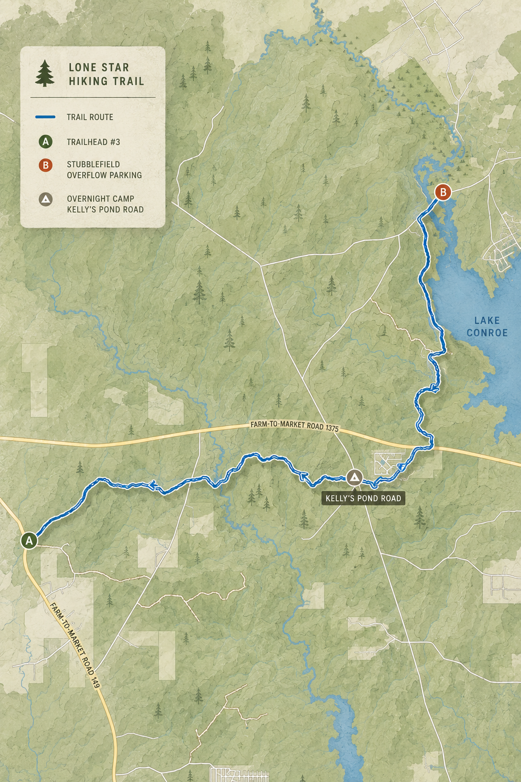 Route map: Trailhead 3 to Stubblefield with camp at Kelly's Pond Rd